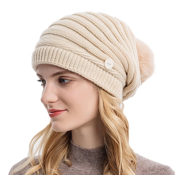 Wuphunn Womens Winter Ribbed Chunky Knit Snow Cap Snow Ski Skull Cap Thermal Skull Beanie Knit Beanie Toboggan Hats Snow Beanie Beanie for Women Beige One Size