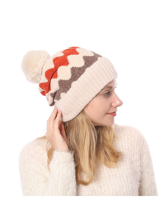 Womens Winter Ribbed Cuff Beanie Hat Fleece Lined Knit Skull Cap Pom Warm Snow Ski Snowboard Beanie Beige One Size