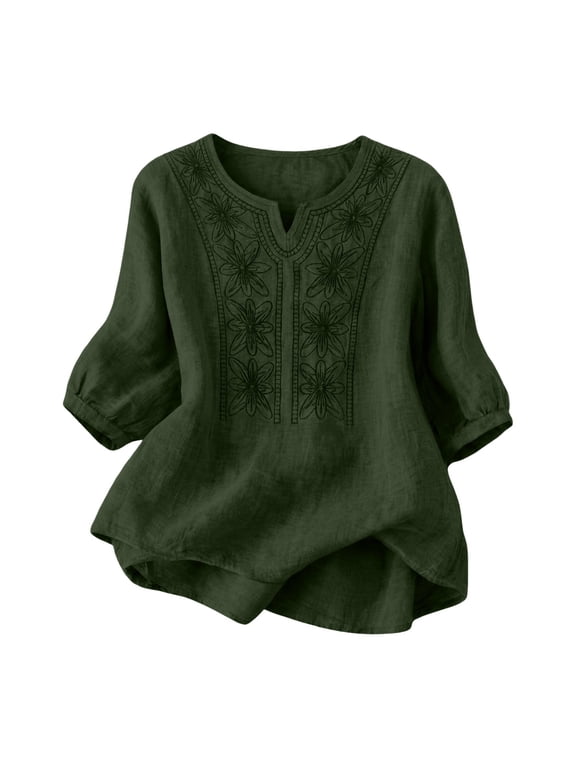 linen clothes for women mexican embroidered tops for women V Neck 3/4 sleeve Peasant Blouses Cute Shirts boho tops for women summer Y Green M