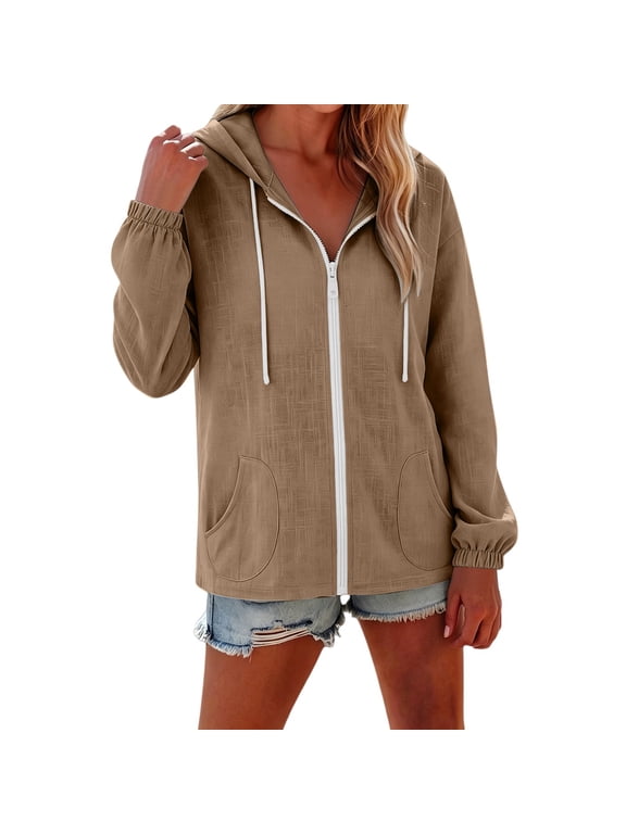 women linen tops Relaxed Fit Full Zip Hooded Layering Top Women Long Sleeve Adjustable Drawstring Dual Side Pocket Lightweight Travel Casual Outerwear Khaki XL
