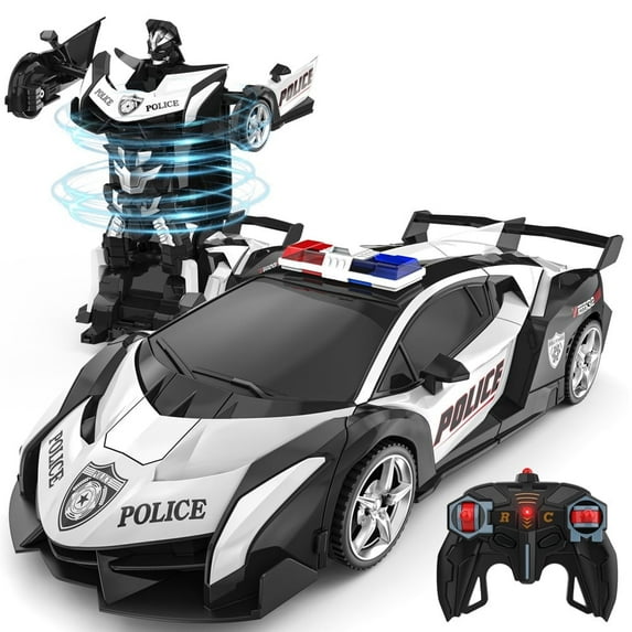 Wupuaait 2.4Ghz Transform Rc Cars 1:18 Scale Remote Control Car Transforming Robot, One-Button Deformation 360° Rotation Car Toy Gifts for Boys 3-12, Police