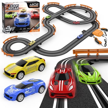 Leqiong Electric Cars Race Track Set with 4 High-Speed Slot Cars Dual Racing Game Lap Counter Circular Overpass Track for 4-12 Years Old Kids