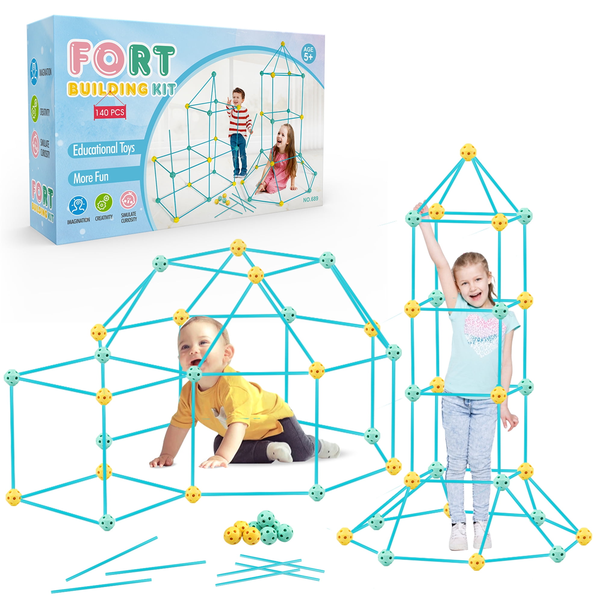 Growsly 140 PCs Fort Building Kit - Creative Construction Kids Toys DIY  Play Tent Castle Toy, for 4-11 Years Old Boys Girls, Light Blue 