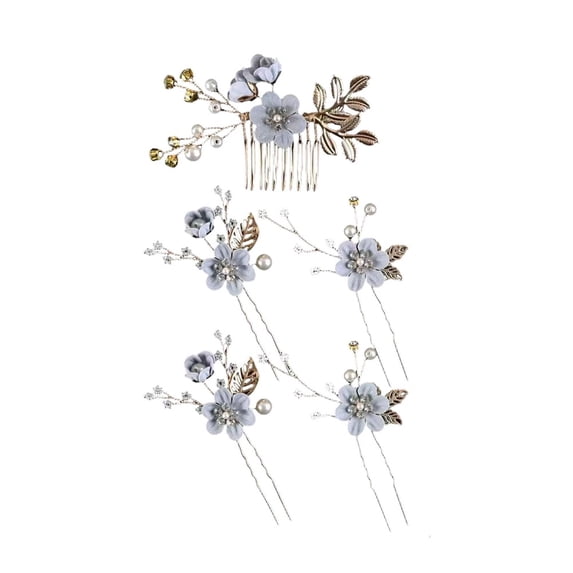 Wuqi 5 Pieces Bridal Flower Wedding Hair Pins Pearl Hair Pins Clips Headpiece Gold Wedding Hair Accessories Jewelry with Rhinestone for Brides Bridesmaids Women