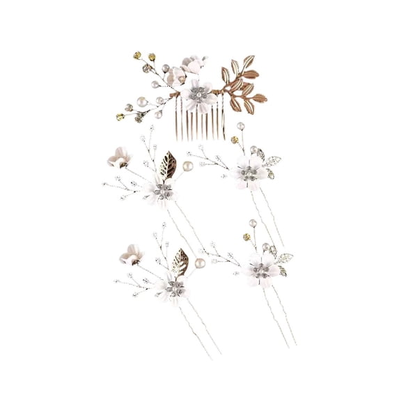 Wuqi 5 Pieces Bridal Flower Wedding Hair Pins Pearl Hair Pins Clips Headpiece Gold Wedding Hair Accessories Jewelry with Rhinestone for Brides Bridesmaids Women