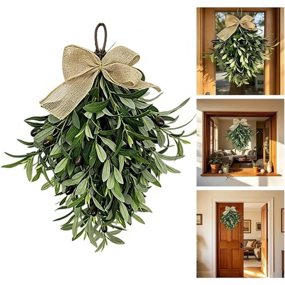 Wuqi Olive Branch Teardrop Wreaths for Front Door, Extra Full Greenery Swag with Rustic Ribbon, Farmhouse Hanging Front Door Wreath Summer Wreath for Wall Porch Wedding Arch Home Decoration