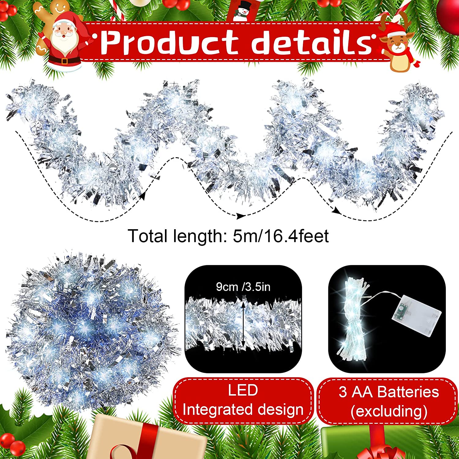 Wuquan-16.4 ft Christmas Tinsel Garland Lighted Metallic Twist Tree