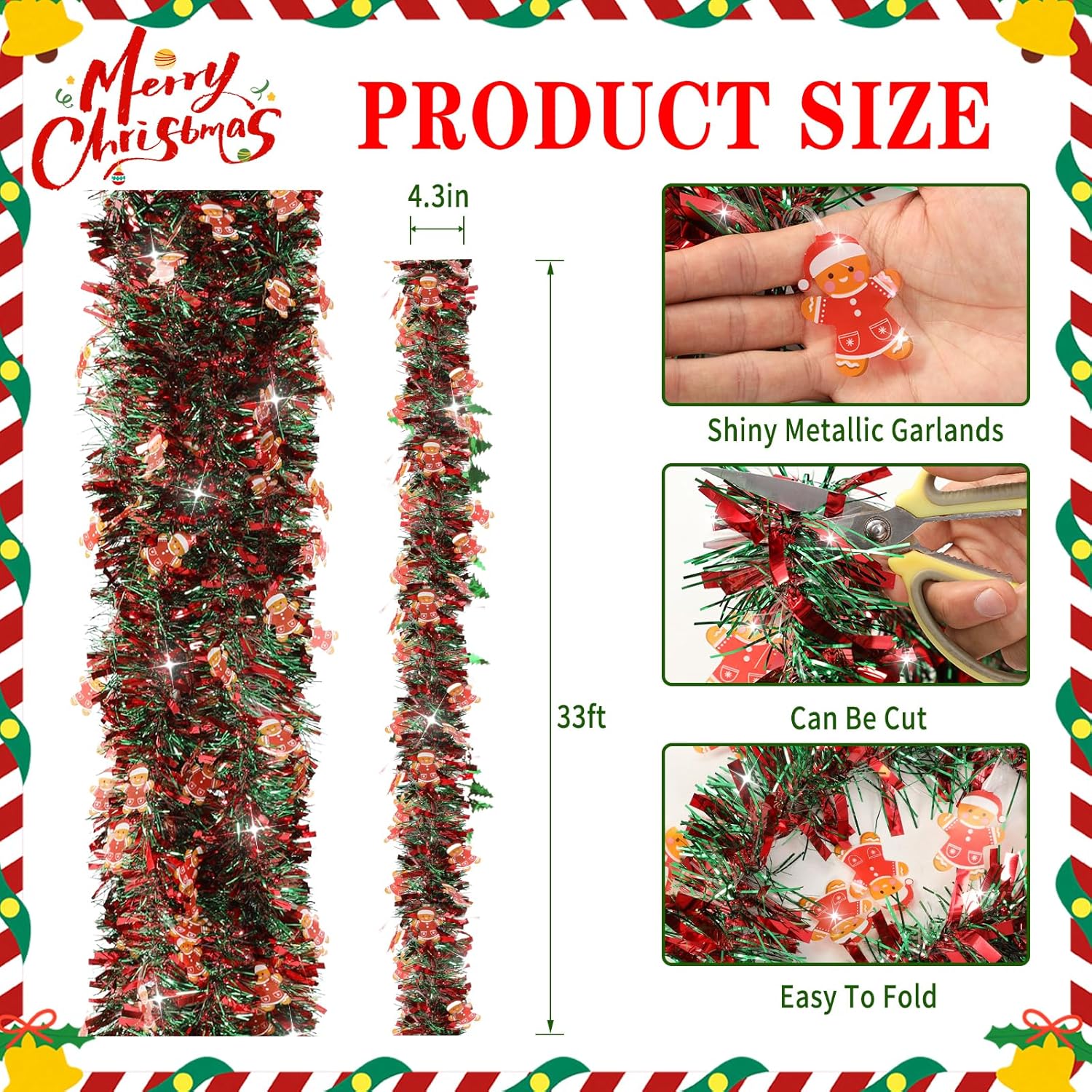 Wuquan-33 FT Christmas Tinsel Garland Decorations,Red Green Garland ...
