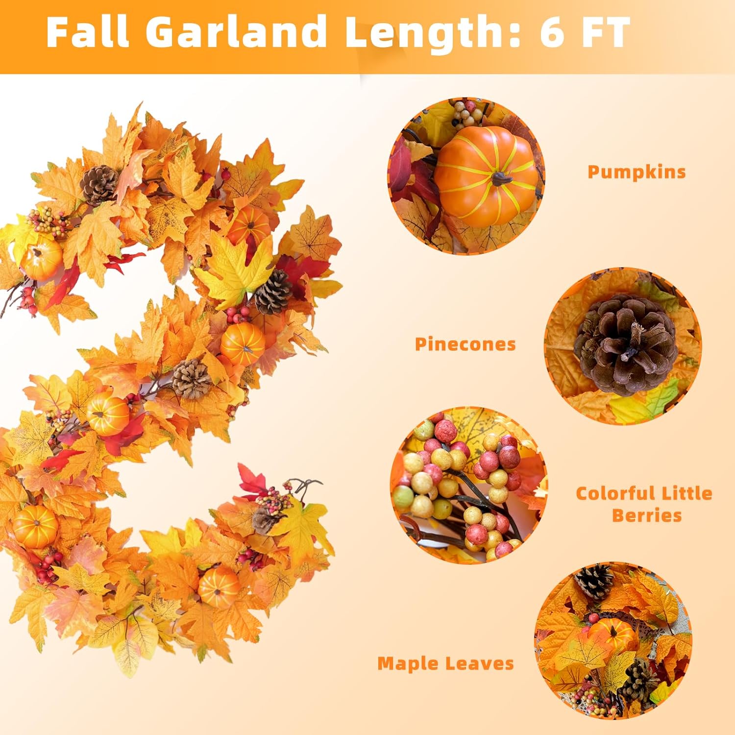 Wuquan-Fall Decor - 6Ft Fall Garland for Mantle with Lights, Artificial ...