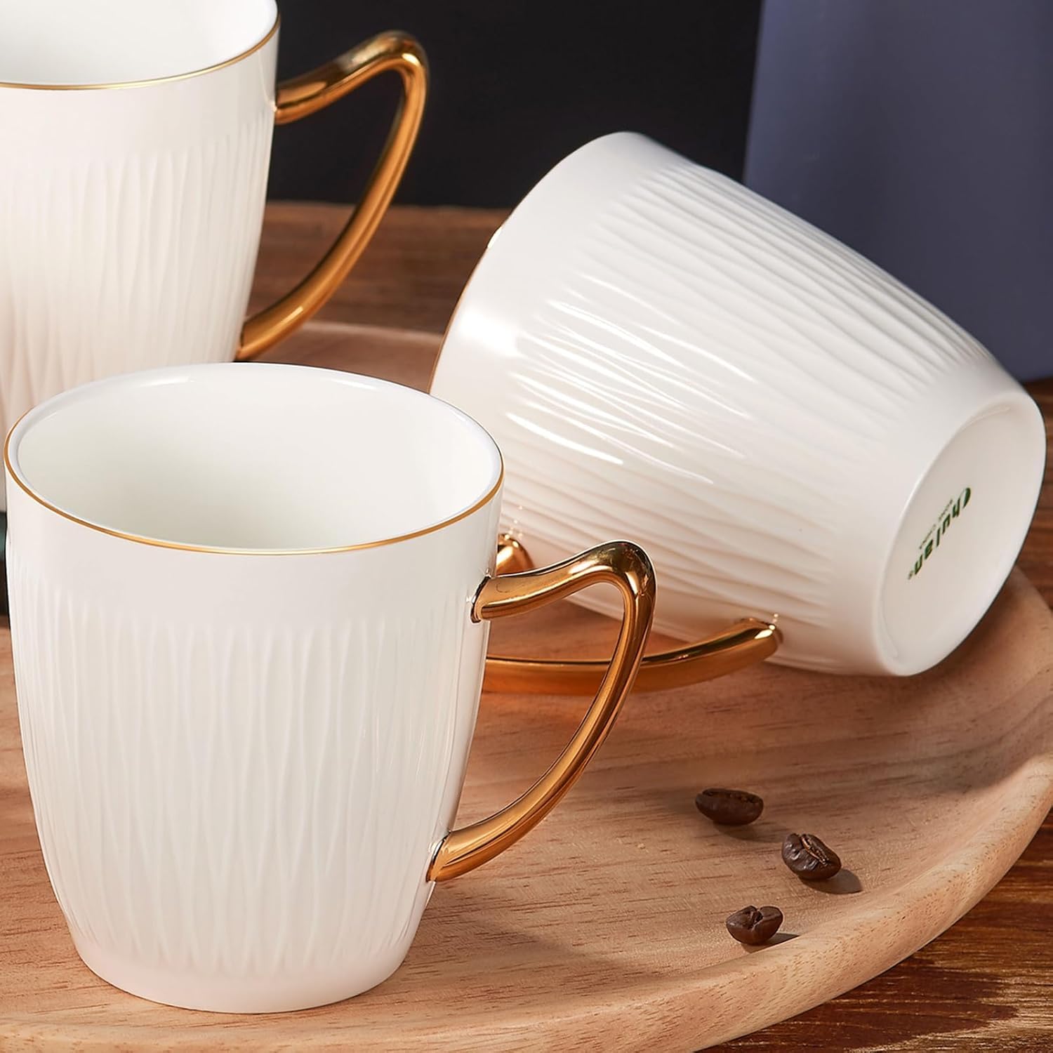 Wuquan-Luxury Bone China Coffee Mug Set of 2, 8oz Lightweight White Fine Bone China Tea Cups with Gold Thin Rim, Over 45% Bone Content Porcelain Ceramic Thin Mugs for Espresso Latte Mocha Freezer