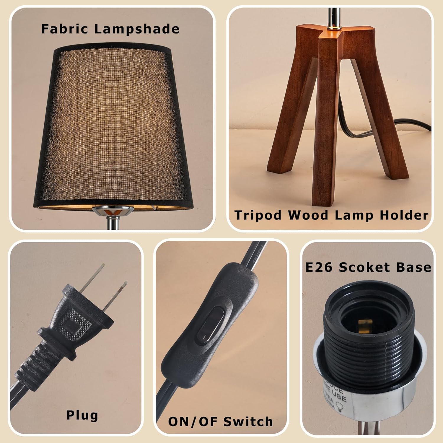 Wuquan-Wood Bedside Table Lamp, Tripod Desk Lamp with On-Off Switch ...