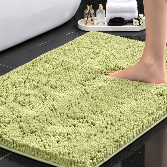 Wuscimy Luxury Chenille Bath Mat, Highly Absorbent, Quick Drying, Extra Thick Non-Slip Rubber Backing, 24 x 16 in, Sage Green