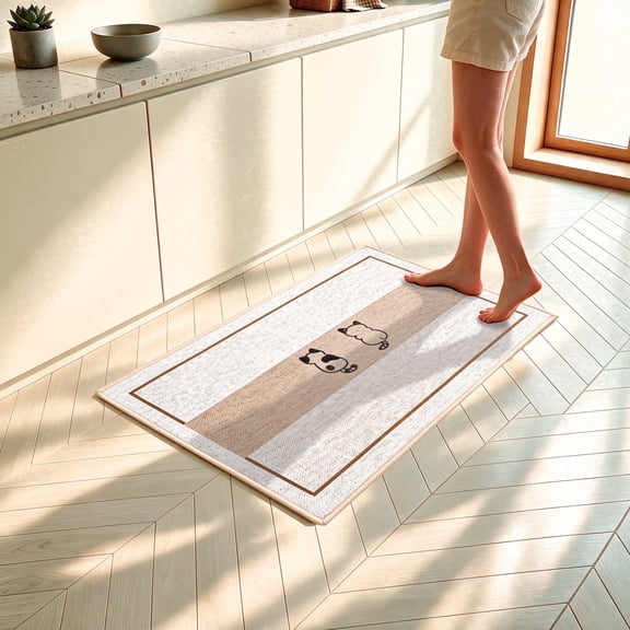 Wuscimy Linen Kitchen Mat, 32" x 20", Non-Slip Water & Oil Absorbent Washable Floor Rug, Zen Cat Pattern, Beige