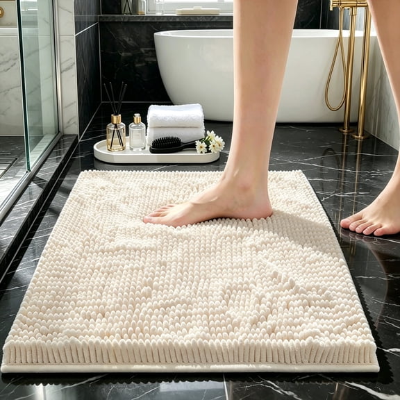 Wuscimy 32" x 20" Beige Chenille Bath Mat, Ultra Absorbent TPR Non-Slip Shaggy Bathroom Rug, Machine Washable Floor Mat
