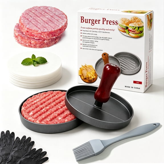 Wuscimy Burger Press, Nonstick Patty Maker with 200 Patty Papers, Basting Brush & 6 Gloves