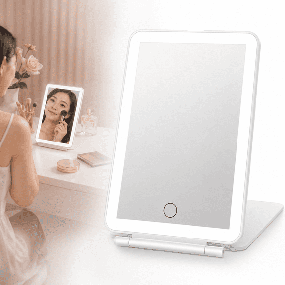 Wusi Rechargeable Travel Makeup Vanity Mirror with 72 Led Lights, Portable Lighted Makeup Mirror, 3 Color Lighting, Dimmable Touch Screen, Tabletop LED Folding Cosmetic Mirror