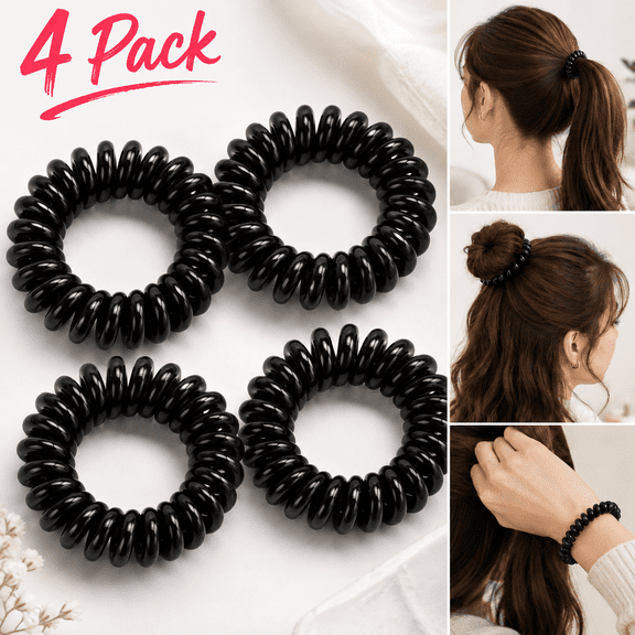 Wusi Spiral Hair Ties for Women, No Dent Hair Ties, Phone Cord Hair Ties, Women Ponytail Coils Hair Ties No Crease - 4 Pcs, Black