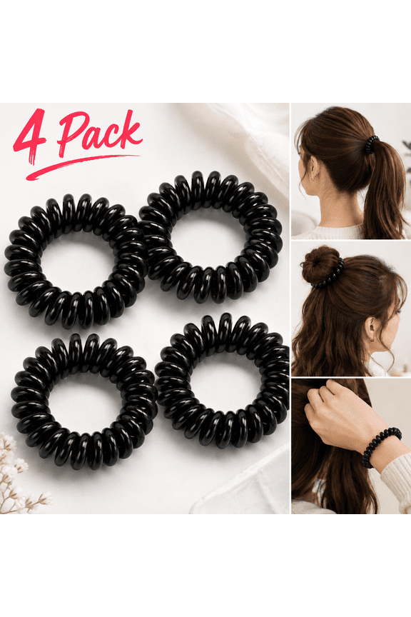 Wusi Spiral Hair Ties for Women, No Dent Hair Ties, Phone Cord Hair Ties, Women Ponytail Coils Hair Ties No Crease - 4 Pcs, Black