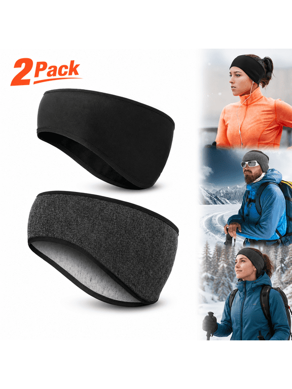 Wusi 2 Pack Winter Ear Warmer Headband for Women and Men - Fleece Stretchy Thermal Black Ear Muffs for Running Hiking Ski Cycling Jogging