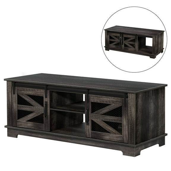 Wussanun Coffee Table, Barn Style Coffee Table with Storage, Center Table with Mesh Barn Door and Adjustable Shelf, Living Room Table, Dark Brown