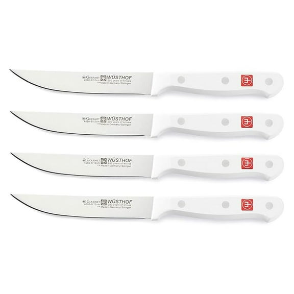 Wusthof Gourmet 4-Piece Steak Knife Set - White Handle, German Stainless Steel - Laser Cut, Stamped High-Carbon Blades - Kitchen Dinner Table Cutlery