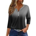 thumbnail image 1 of Wutalume 3/4 Length Sleeve Womens Tops, Button-Up V-Neck T-Shirt with Gradient Tone for Daily Wear, Weekend, Simple Outfits, and Easy Care,Black 2XL, 1 of 5