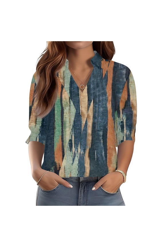 3/4 Length Sleeve Womens Tops, V-Neck Blouse with Geometric Print for Business Casual Office Wear, Work, Professional Settings, and Smart Style,Dark Blue L