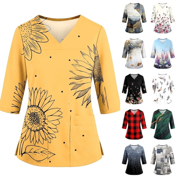 Wutalume 3/4 Sleeve Tops for Women - Floral V-Neck Scrub with Pockets & Side Slit, Womens 3/4 Sleeve Shirts, Soft Comfortable Uniform Top,Purple Pink 2XL