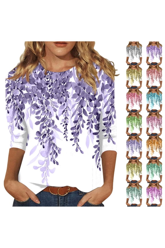 3/4 Sleeve Tops for Women - Leaf Print Round Neck 3/4 Sleeve Blouse, Casual Fit Top for Fall Autumn Wear, Everyday Outings and Outdoor Activities,Hot Pink S
