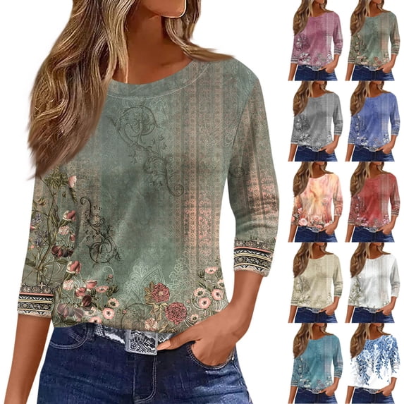 Wutalume 3/4 Sleeve Tops for Women - Sunflower Print Round Neck 3/4 Sleeve Top, Vintage Blouses for Plus Size Casual Summer, Spring and Everyday Style,Light Blue 2XL
