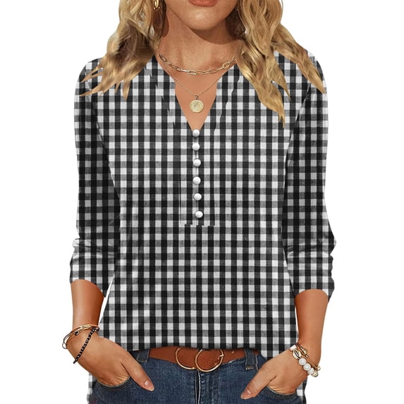 Wutalume 3/4 Sleeve Tops for Women, Striped Plaid Printed Casual Blouse for Work, Weekend, Stylish Casual Attire, and Modern Fashion,Black 2XL