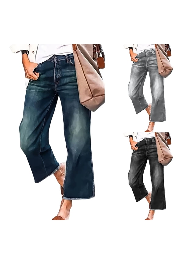 Baggy Jeans for Women Wide Leg Mid Waist, Fringed Cropped Denim Pants, Trendy Boho Style with Distressed Hem,Dark Blue L