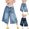 thumbnail image 1 of Wutalume Capri Pants for Women Denim - Low Rise Loose Fit Bermuda Style Summer Jorts Cropped Length High Waist Vintage Wash,Dark Blue L, 1 of 5