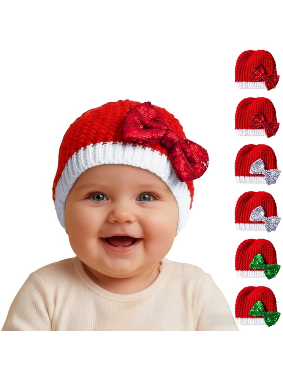 Christmas Baby Hat with Cute Bow, Infant Wool Knit Beanie for Fall and Winter, Warm and Adorable First Christmas Hat,White