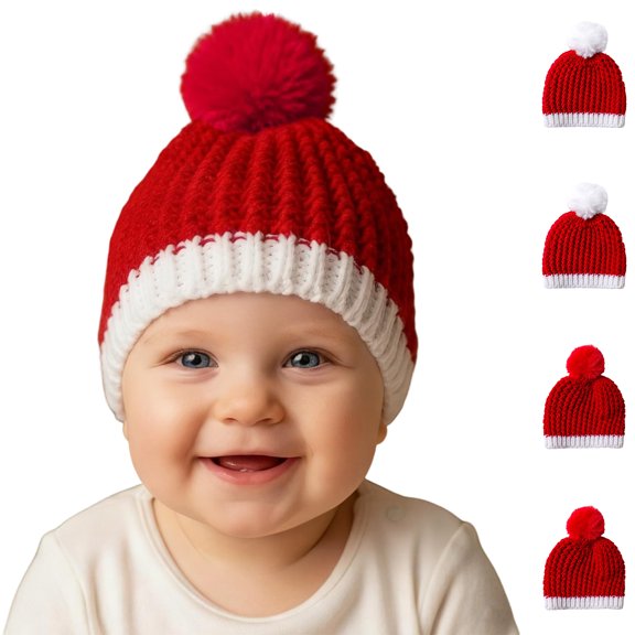 Wutalume Christmas Pom Pom Baby Wool Hat, Cute Infant Knit Beanie for Fall and Winter, Warm Pullover Cap for Boys and Girls,Red