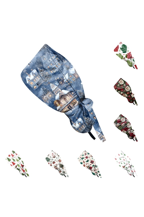 Christmas Print Adjustable Work Beanie, Casual Washable Skull Cap for Women, Perfect for Nurse, Chef, or Salon, Ponytail Friendly,Army Green