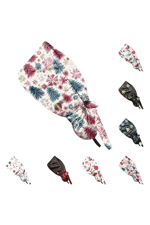 Christmas Print Adjustable Work Cap for Women, Casual Ponytail Back Hat, Washable Beanie for Nurse or Chef, Dust Proof Skull Cap,Red