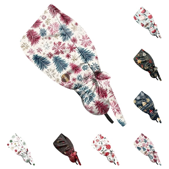 Wutalume Christmas Print Adjustable Work Cap for Women, Casual Ponytail Back Hat, Washable Beanie for Nurse or Chef, Dust Proof Skull Cap,White