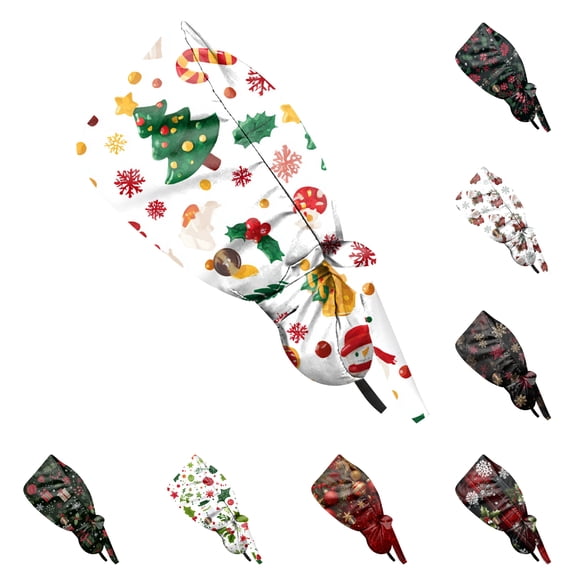 Wutalume Christmas Themed Print Work Beanie for Women, Adjustable Ponytail Hat, Washable Skull Cap for Nurse or Salon, Dust Proof Cap,Light Green