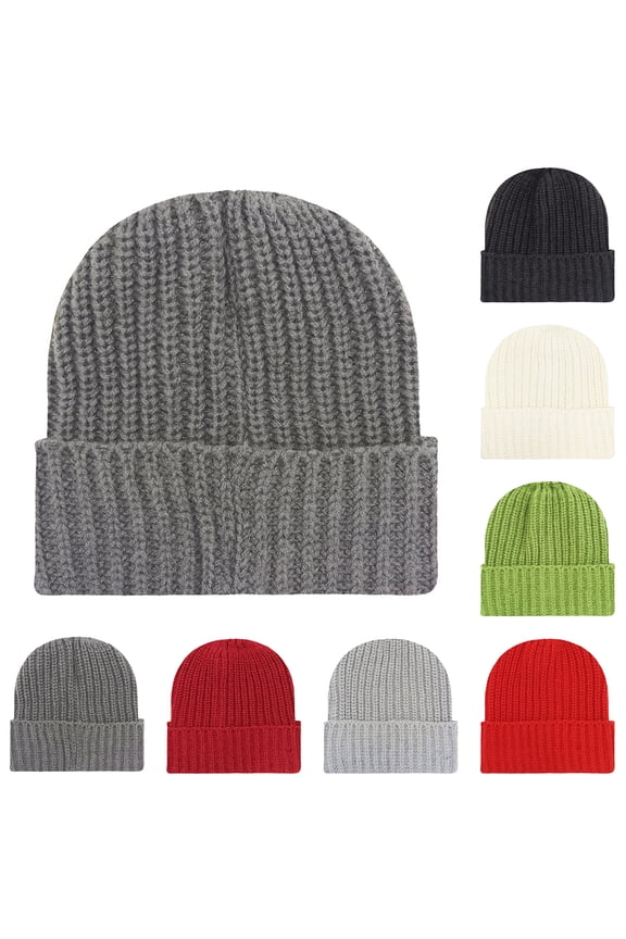 Chunky Rib Knit Beanie for Men and Women, Thick Straight Line Design with Fold-Over Brim, Warm and Versatile Yarn Hat,Dark Gray