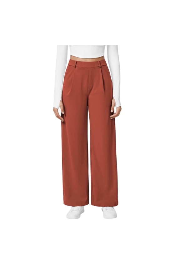 Fashion Women's Casual Solid Color Pocket Loose Slim Straight Suit Pants with Flattering Fit, Versatile Style, and Office or Everyday Wear,Red M