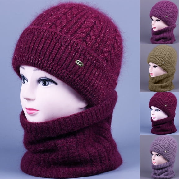 Wutalume Fleece Lined Knit Beanie with Attached Scarf, Warm and Versatile Winter Hat for All-Day Comfort, Wool Blend Cold Weather Cap,Light Purple