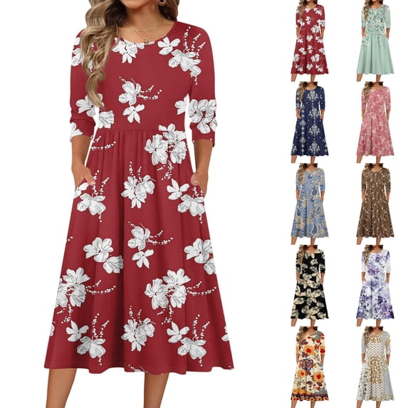 Wutalume Graduation Dress Vintage Floral - 3/4 Sleeve Crewneck A-Line Midi with Pockets Smocked Waist Boho, Spring 2026 ,Dark Blue 2XL
