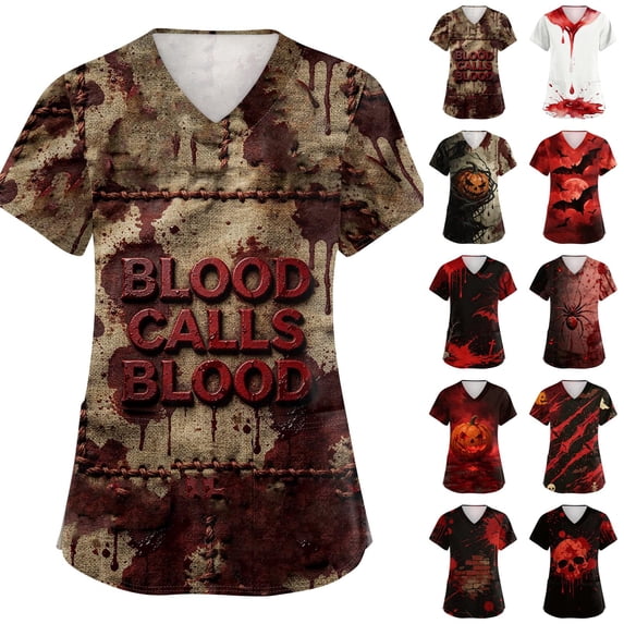 Wutalume Halloween Costume Scrubs for Women - Print V-Neck with Pockets, Short Sleeve Soft Nurse Uniform, Breathable Top,Deep Red M