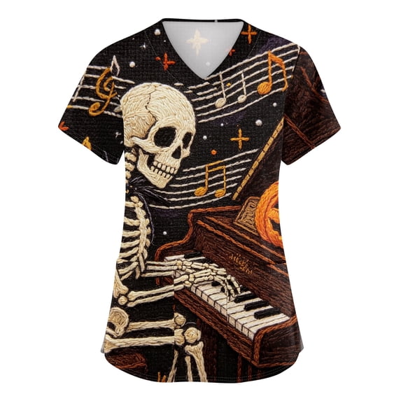 Wutalume Halloween Costume Scrubs for Women - Side-Slit V-Neck Print, Pockets, Short Sleeve Medical Top, Comfortable Workwear,Beige L