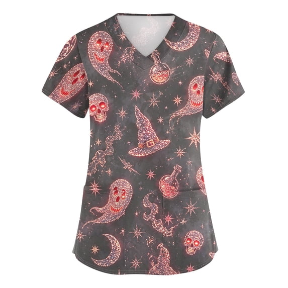 Wutalume Halloween Costume Scrubs for Women - Side-Slit V-Neck Print, Pockets, Short Sleeve Medical Top, Comfortable Workwear,Red M