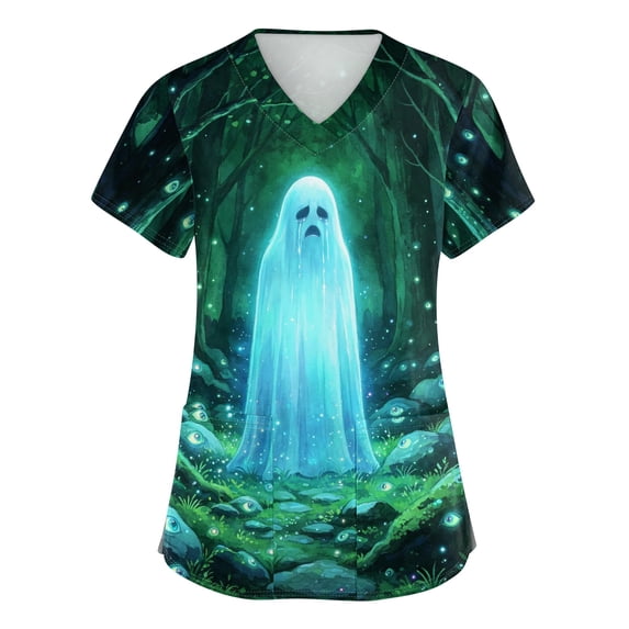 Wutalume Halloween Costume Scrubs for Women - Side-Slit V-Neck Print, Pockets, Short Sleeve Medical Top, Comfortable Workwear,Sky Blue 5XL