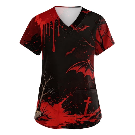 Wutalume Halloween Costume Scrubs for Women - V-Neck Print, Pockets, Short Sleeve Nurse Tunic, Lightweight Uniform,Vermilion 5XL