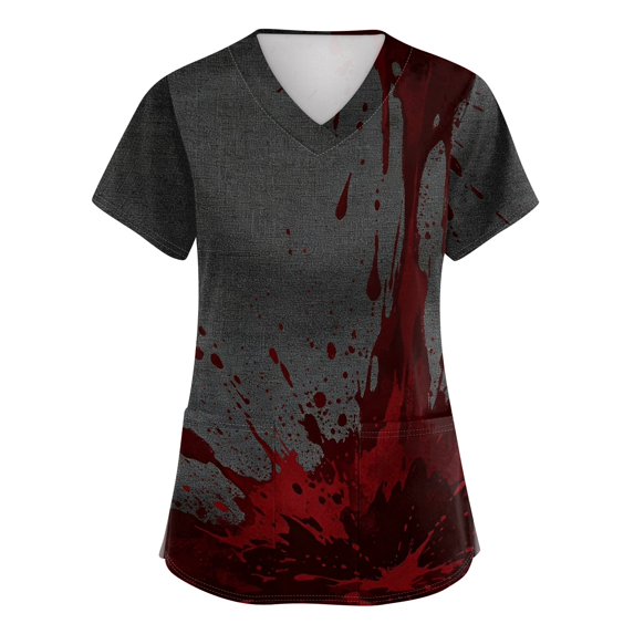Wutalume Halloween Costume Scrubs for Women - V-Neck Print, Pockets, Short Sleeve Nurse Uniform, Breathable Clinic Top,Wine XL