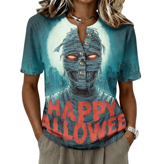 Wutalume Halloween Costume Scrubs for Women - V-Neck Printed with Pockets, Short Sleeve Medical Uniform, Lightweight Casual Nurse Shirt,Blue L